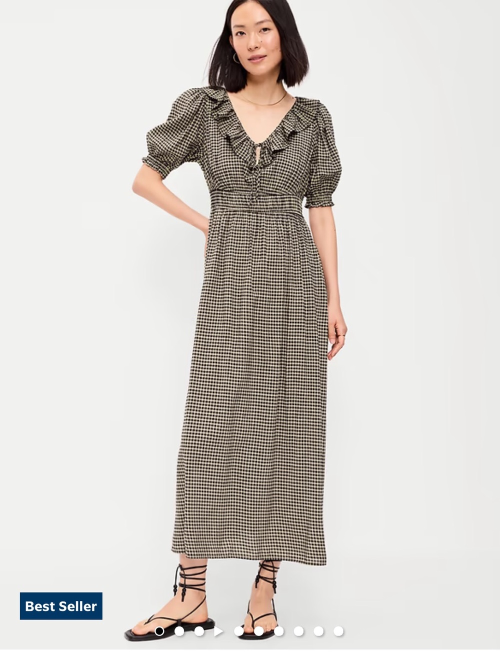 Petite S, Ruffle-Trim Boho Maxi Dress — Black and Cream Small Plaid